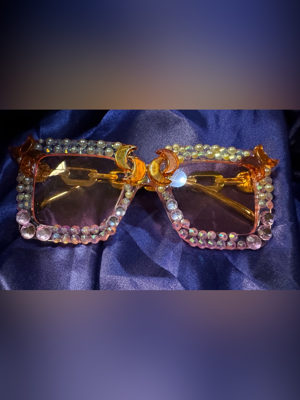 Crystal-Embellished orange Sunglasses with Gold Crescent Accent